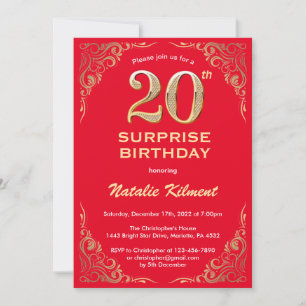 Invitation Surprise 20e anniversaire Parties scintillant roug