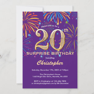 Invitation Surprise 20e anniversaire Purple and Gold Firework