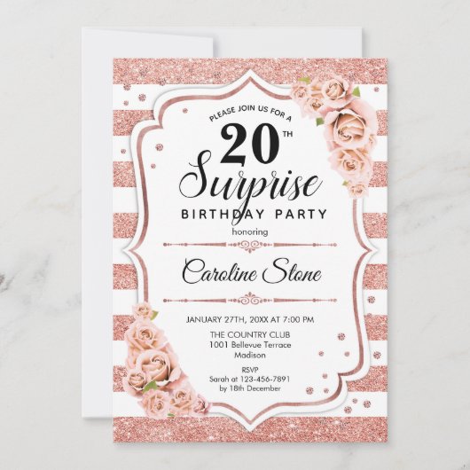 Invitation Surprise 20e anniversaire - Rose Gold White Rose (Devant)