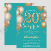 Invitation Surprise 20e anniversaire Turquoises et Ballons d' (Devant / Derrière)
