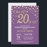 Invitation Surprise 20e anniversaire violet et diamant d'or<br><div class="desc">Invitation surprise 20e anniversaire avec Arrière - plan Diamond Parties scintillant violet et or. Confetti d'or. Anniversaire adulte. Hommes ou Femmes Anniversaire. Pour plus de personnalisation,  cliquez sur le bouton "Customiser" et utilisez notre outil de conception pour modifier ce modèle.</div>