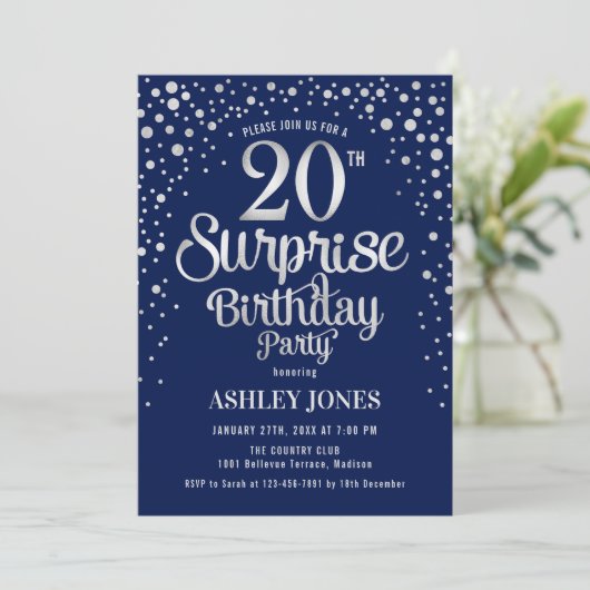 Invitation Surprise 20e fête d'anniversaire - Silver & Navy B (Debout devant)