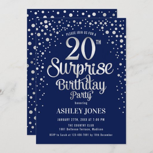 Invitation Surprise 20e fête d'anniversaire - Silver & Navy B (Devant / Derrière)