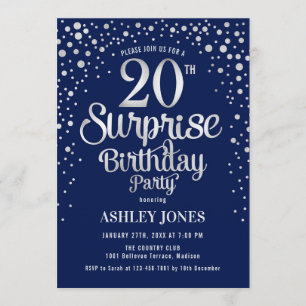 Invitation Surprise 20e fête d'anniversaire - Silver & Navy B