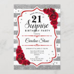 Invitation Surprise 21e anniversaire - Argent Blanc Rouge<br><div class="desc">Invitation surprise 21e anniversaire. Blanc féminin,  design rouge avec fausse parties scintillant argent. Comprend des rayures,  des roses rouges,  des caractères de script et des confettis. Parfait pour une soirée d'anniversaire élégante. Peut être personnalisé pour montrer n'importe quel âge. Message-moi si vous avez besoin d'une personnalisation plus poussée.</div>