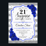 Invitation Surprise 21e anniversaire - Argent Blanc Royal Blu<br><div class="desc">Invitation surprise 21e anniversaire. Blanc féminin, bleu royal design avec fausse parties scintillant argent. Comprend des rayures, des roses de marine, des caractères de script et des confettis. Parfait pour une soirée d'anniversaire élégante. Peut être personnalisé pour montrer n'importe quel âge. Message-moi si vous avez besoin d'une personnalisation plus poussée....</div>