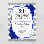 Invitation Surprise 21e anniversaire - Argent Blanc Royal Blu<br><div class="desc">Invitation surprise 21e anniversaire. Blanc féminin, bleu royal design avec fausse parties scintillant argent. Comprend des rayures, des roses de marine, des caractères de script et des confettis. Parfait pour une soirée d'anniversaire élégante. Peut être personnalisé pour montrer n'importe quel âge. Message-moi si vous avez besoin d'une personnalisation plus poussée....</div>