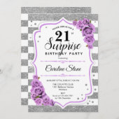 Invitation Surprise 21e anniversaire - Argent blanc violet (Devant / Derrière)