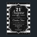 Invitation Surprise 21e anniversaire - Argent noir blanc<br><div class="desc">Invitation surprise 21e anniversaire. Design classique avec rayures noir et blanc,  police de script et argent de parties scintillant. Parfait pour une soirée d'anniversaire élégante. Peut être personnalisé pour montrer n'importe quel âge. Message-moi si vous avez besoin d'une personnalisation plus poussée.</div>