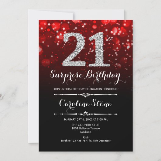 Invitation Surprise 21e anniversaire - Argent rouge noir (Devant)