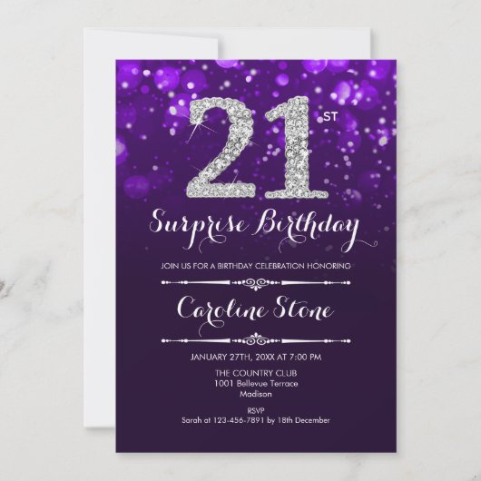 Invitation Surprise 21e anniversaire - Argent violet (Devant)