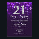 Invitation Surprise 21e anniversaire - Argent violet<br><div class="desc">Invitation surprise 21e anniversaire. Design élégant violet avec faux argent parties scintillant. Anniversaire adulte. Dispose de diamants,  lumières de livres et police de script. Hommes ou femmes anniversaire invitation. Parfait pour une fête d'anniversaire élégante. Message-moi si vous avez besoin d'une personnalisation plus poussée.</div>