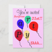 Invitation Surprise 21e anniversaire Ballons rose (Devant)