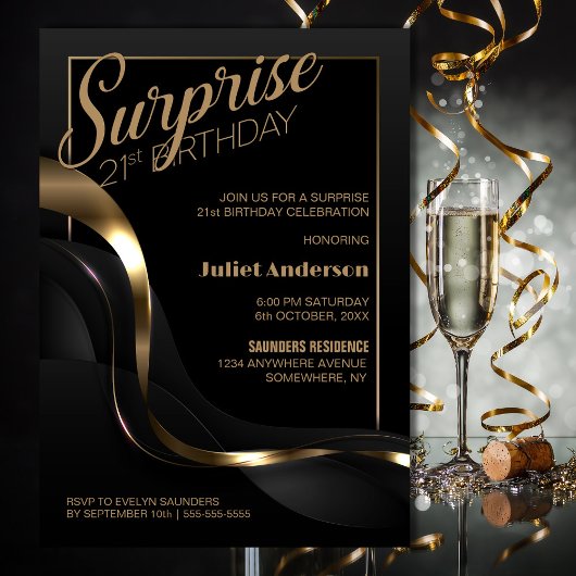 Invitation Surprise 21e anniversaire Black Gold Party Invitat