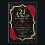 Invitation Surprise 21e anniversaire - Black Gold Red Invitat<br><div class="desc">Invitation surprise 21e anniversaire. Dessin noir féminin,  rouge avec parties scintillant en or. Comprend des roses rouges,  des caractères de script et des confettis. Parfait pour une soirée d'anniversaire élégante. Peut être personnalisé pour montrer n'importe quel âge. Message-moi si vous avez besoin d'une personnalisation plus poussée.</div>