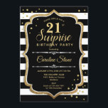 Invitation Surprise 21e anniversaire - Black White Gold<br><div class="desc">Invitation surprise 21e anniversaire. Design classique avec rayures noires et blanches,  police de script et or parties scintillant. Parfait pour une soirée d'anniversaire élégante. Peut être personnalisé pour montrer n'importe quel âge. Message-moi si vous avez besoin d'une personnalisation plus poussée.</div>