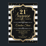 Invitation Surprise 21e anniversaire - Black White Gold<br><div class="desc">Invitation surprise 21e anniversaire. Design classique avec rayures noires et blanches,  police de script et or parties scintillant. Parfait pour une soirée d'anniversaire élégante. Peut être personnalisé pour montrer n'importe quel âge. Message-moi si vous avez besoin d'une personnalisation plus poussée.</div>