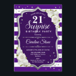 Invitation Surprise 21e anniversaire - Blanc d'argent violet<br><div class="desc">Invitation surprise 21e anniversaire. Feminine violet,  design blanc avec fausse parties scintillant argent. Comprend des rayures,  des roses blanches,  des caractères de script et des confettis. Parfait pour une soirée d'anniversaire élégante. Peut être personnalisé pour montrer n'importe quel âge. Message-moi si vous avez besoin d'une personnalisation plus poussée.</div>