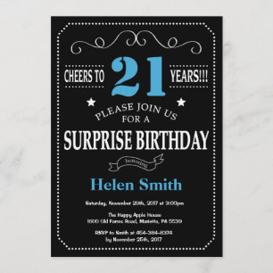 Invitation surprise 21e anniversaire Bleu et noir