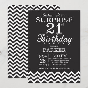 Invitation Surprise 21e Anniversaire Chevron Noir et Blanc