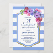Invitation Surprise 21e anniversaire Dîner floral rayé bleu (Devant)