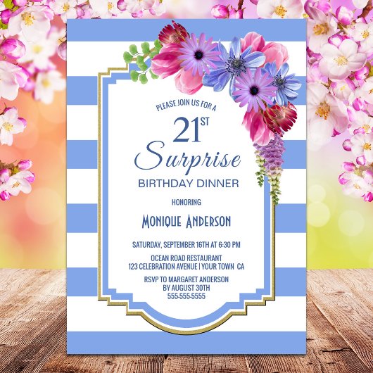 Invitation Surprise 21e anniversaire Dîner floral rayé bleu