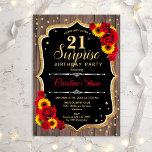 Invitation Surprise 21e anniversaire - Fleurs de soleil en bo<br><div class="desc">Invitation surprise 21e anniversaire. Feminine rustique noir,  blanc,  rouge design avec fausse parties scintillant or. Motif en bois,  roses rouges,  tournesols,  caractères de script et confettis. Parfait pour une soirée d'anniversaire élégante. Peut être personnalisé pour montrer n'importe quel âge. Message-moi si vous avez besoin d'une personnalisation plus poussée.</div>