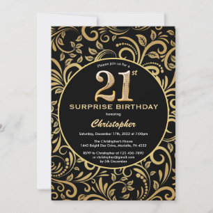 Invitation Surprise 21e anniversaire Floral noir et or
