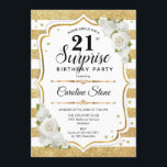 Invitation Surprise 21e anniversaire - Gold White<br><div class="desc">Invitation surprise 21e anniversaire. Design féminin avec parties scintillant d'or faux. Comprend des rayures,  des roses blanches,  des caractères de script et des confettis. Parfait pour une soirée d'anniversaire élégante. Peut être personnalisé pour montrer n'importe quel âge. Message-moi si vous avez besoin d'une personnalisation plus poussée.</div>