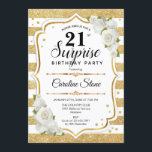 Invitation Surprise 21e anniversaire - Gold White<br><div class="desc">Invitation surprise 21e anniversaire. Design féminin avec parties scintillant d'or faux. Comprend des rayures,  des roses blanches,  des caractères de script et des confettis. Parfait pour une soirée d'anniversaire élégante. Peut être personnalisé pour montrer n'importe quel âge. Message-moi si vous avez besoin d'une personnalisation plus poussée.</div>
