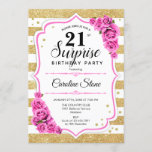 Invitation Surprise 21e anniversaire - Gold White Pink<br><div class="desc">Invitation surprise 21e anniversaire. Design blanc féminin,  rose avec parties scintillant d'or. Comprend des rayures,  des roses rose pâle,  des caractères de script et des confettis. Parfait pour une soirée d'anniversaire élégante. Peut être personnalisé pour montrer n'importe quel âge. Message-moi si vous avez besoin d'une personnalisation plus poussée.</div>