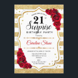 Invitation Surprise 21e anniversaire - Gold White Red<br><div class="desc">Invitation surprise 21e anniversaire. Blanc féminin,  design rouge avec faux or parties scintillant. Comprend des rayures,  des roses rouges,  des caractères de script et des confettis. Parfait pour une soirée d'anniversaire élégante. Peut être personnalisé pour montrer n'importe quel âge. Message-moi si vous avez besoin d'une personnalisation plus poussée.</div>