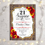 Invitation Surprise 21e anniversaire - Gold White Red Invitat<br><div class="desc">Invitation surprise 21e anniversaire. Feminine rustique noir,  blanc,  rouge design avec fausse parties scintillant or. Motif en bois,  roses rouges,  tournesols,  caractères de script et confettis. Parfait pour une soirée d'anniversaire élégante. Peut être personnalisé pour montrer n'importe quel âge. Message-moi si vous avez besoin d'une personnalisation plus poussée.</div>