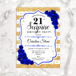 Invitation Surprise 21e anniversaire - Gold White Royal Blue<br><div class="desc">Invitation surprise 21e anniversaire. Blanc féminin, bleu royal design avec de l'or de parties scintillant faux. Comprend des rayures, des roses bleu saphir, des caractères de script et des confettis. Parfait pour une soirée d'anniversaire élégante. Peut être personnalisé pour montrer n'importe quel âge. Message-moi si vous avez besoin d'une personnalisation...</div>