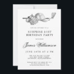 Invitation SURPRISE 21e Anniversaire Golf Thème<br><div class="desc">Elégante invitation d'anniversaire en noir et blanc pour un golfeur. Le top de l'invitation est décoré d'accessoires de golf - un club de golf, balle de golf, casquette et gants. L'aquarelle crée une esthétique traditionnelle et classique. Parfait pour un bain d'anniversaire au club ou un jardin barbecue. Tout le texte...</div>