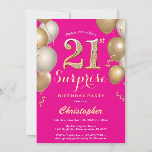 Invitation Surprise 21e anniversaire Hot Pink and Gold Balloo (Devant)