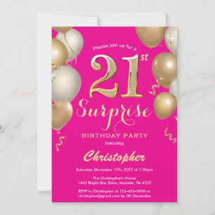 Invitation Surprise 21e anniversaire Hot Pink and Gold Balloo