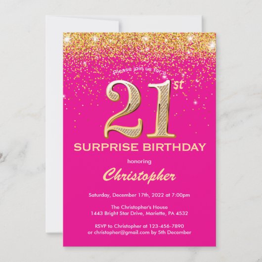 Invitation Surprise 21e anniversaire Hot Pink and Gold Partie (Devant)