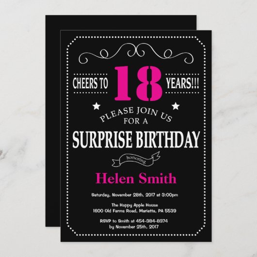 Invitation Surprise 21e anniversaire Hot rose et noir (Devant / Derrière)