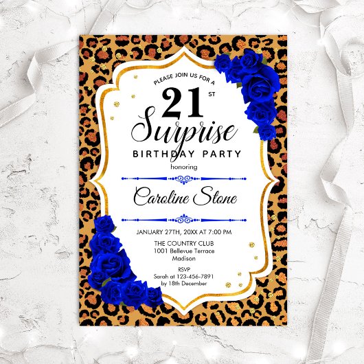 Invitation Surprise 21e anniversaire - Leopard Gold Royal Blu