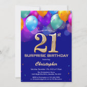 Invitation Surprise 21e anniversaire Marine Bleu et Ballons d (Devant)