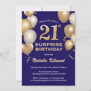 Invitation Surprise 21e anniversaire Marine Bleu et Ballons d