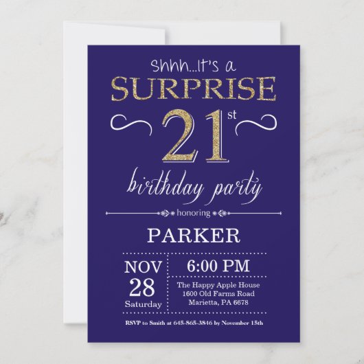 Invitation Surprise 21e anniversaire Marine Blue and Gold Par (Devant)
