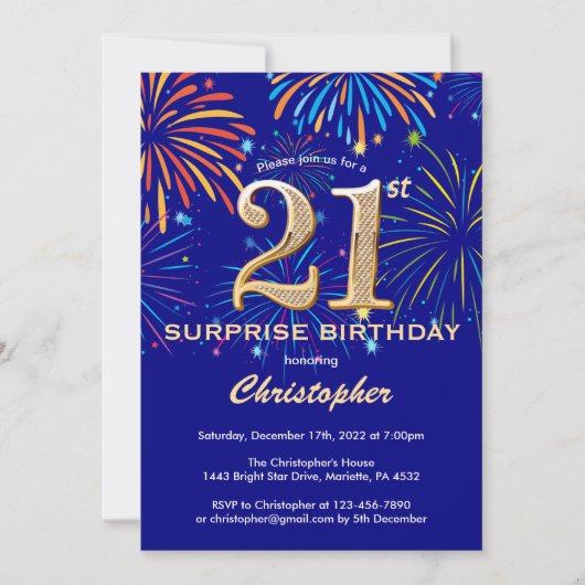 Invitation Surprise 21e anniversaire Marine Blue & Gold Firew (Devant)