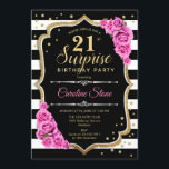 Invitation Surprise 21e anniversaire - Noir Blanc Rose<br><div class="desc">Invitation surprise 21e anniversaire. Design féminin noir, blanc, rose avec parties scintillant d'or. Comprend des rayures noires et blanches, des roses roses roses, des caractères de script et des confettis. Parfait pour une soirée d'anniversaire élégante. Peut être personnalisé pour montrer n'importe quel âge. Message-moi si vous avez besoin d'une personnalisation...</div>