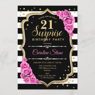 Invitation Surprise 21e anniversaire - Noir Blanc Rose