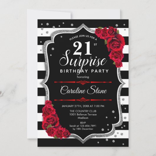 Invitation Surprise 21e anniversaire - Noir Blanc Rouge (Devant)