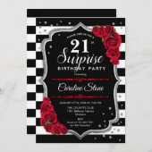 Invitation Surprise 21e anniversaire - Noir Blanc Rouge (Devant / Derrière)