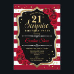 Invitation Surprise 21e anniversaire - Noir Blanc Rouge<br><div class="desc">Invitation surprise 21e anniversaire. Dessin féminin noir, blanc, rouge avec fausse parties scintillant or. Comprend des rayures bordeaux et blanches, des roses rouges, des caractères de script et des confettis. Parfait pour une soirée d'anniversaire élégante. Peut être personnalisé pour montrer n'importe quel âge. Message-moi si vous avez besoin d'une personnalisation...</div>