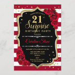 Invitation Surprise 21e anniversaire - Noir Blanc Rouge<br><div class="desc">Invitation surprise 21e anniversaire. Dessin féminin noir, blanc, rouge avec fausse parties scintillant or. Comprend des rayures bordeaux et blanches, des roses rouges, des caractères de script et des confettis. Parfait pour une soirée d'anniversaire élégante. Peut être personnalisé pour montrer n'importe quel âge. Message-moi si vous avez besoin d'une personnalisation...</div>